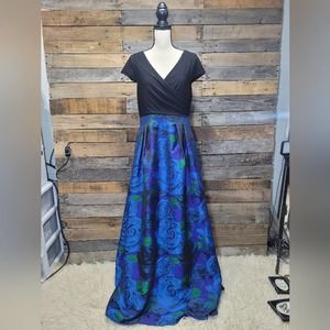 Adrianna Papell Evening Formal Long Maxi Dress Blue Green Floral Sz 12